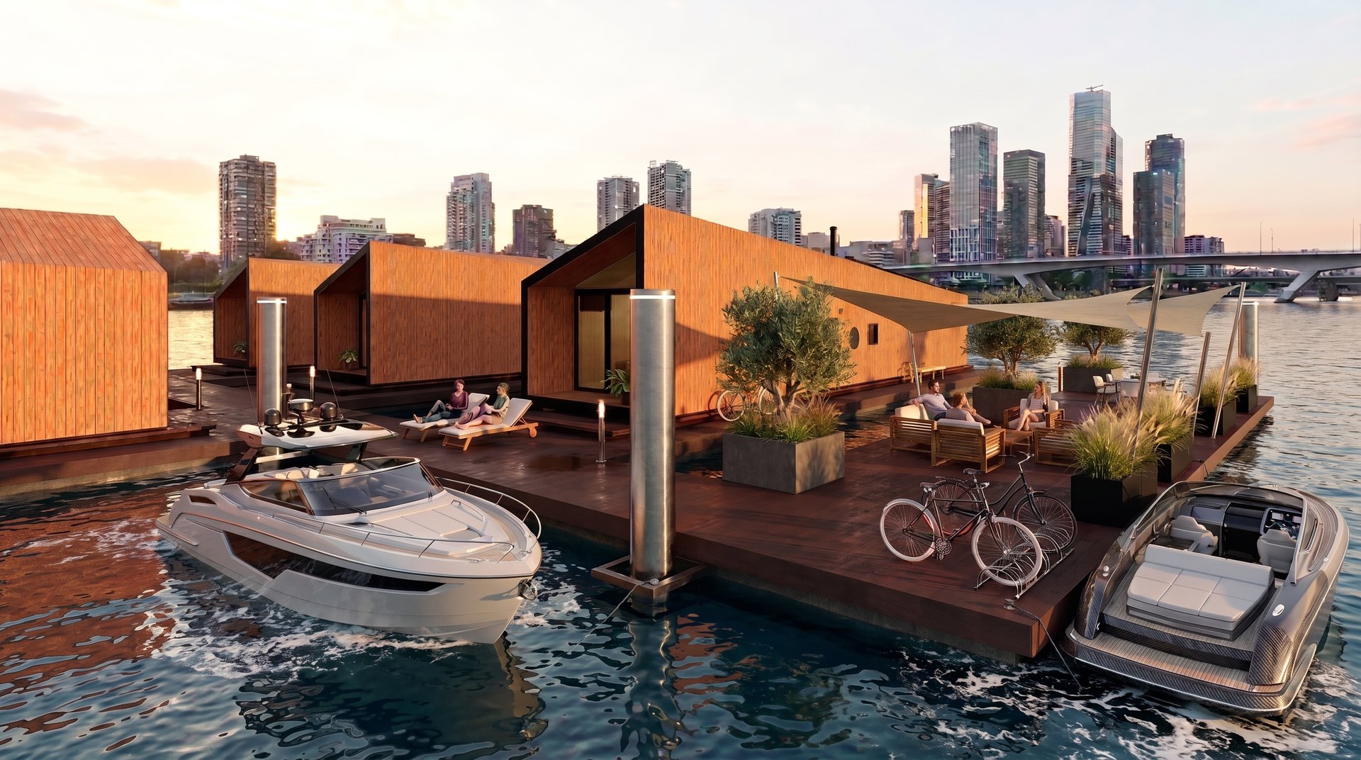 TOO House — casas sobre a água, marina ao pôr do sol