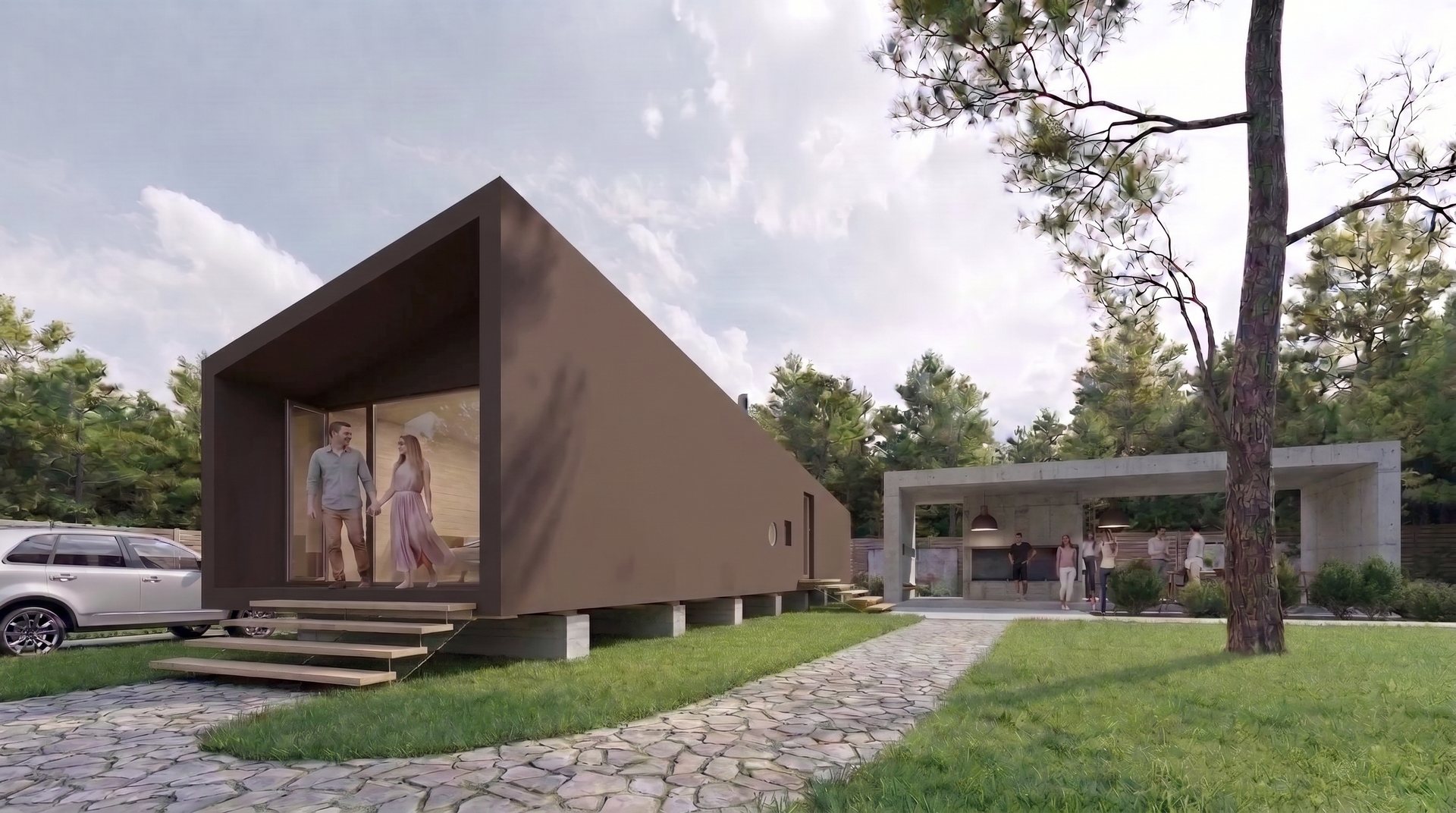 TOO House — casal a entrar em casa, convívio ao fundo