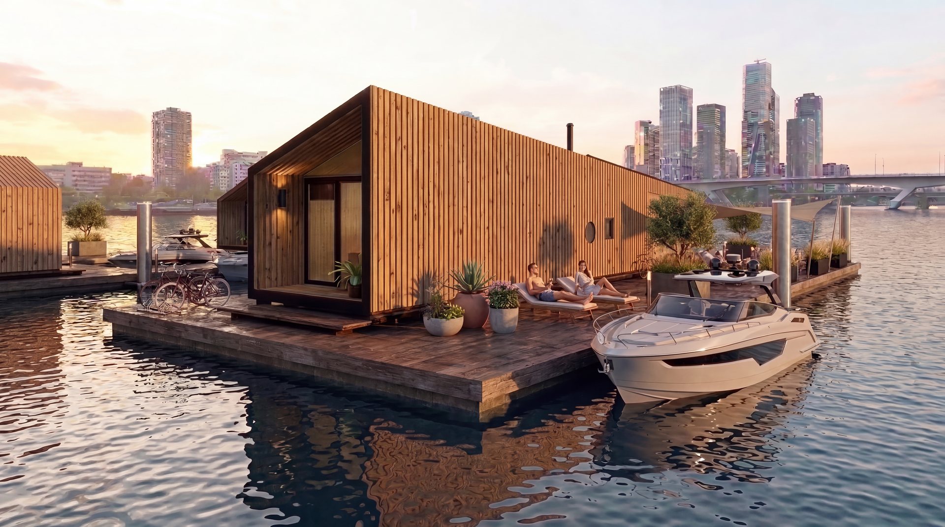 TOO House — casa flutuante junto à marina, com vista para a cidade