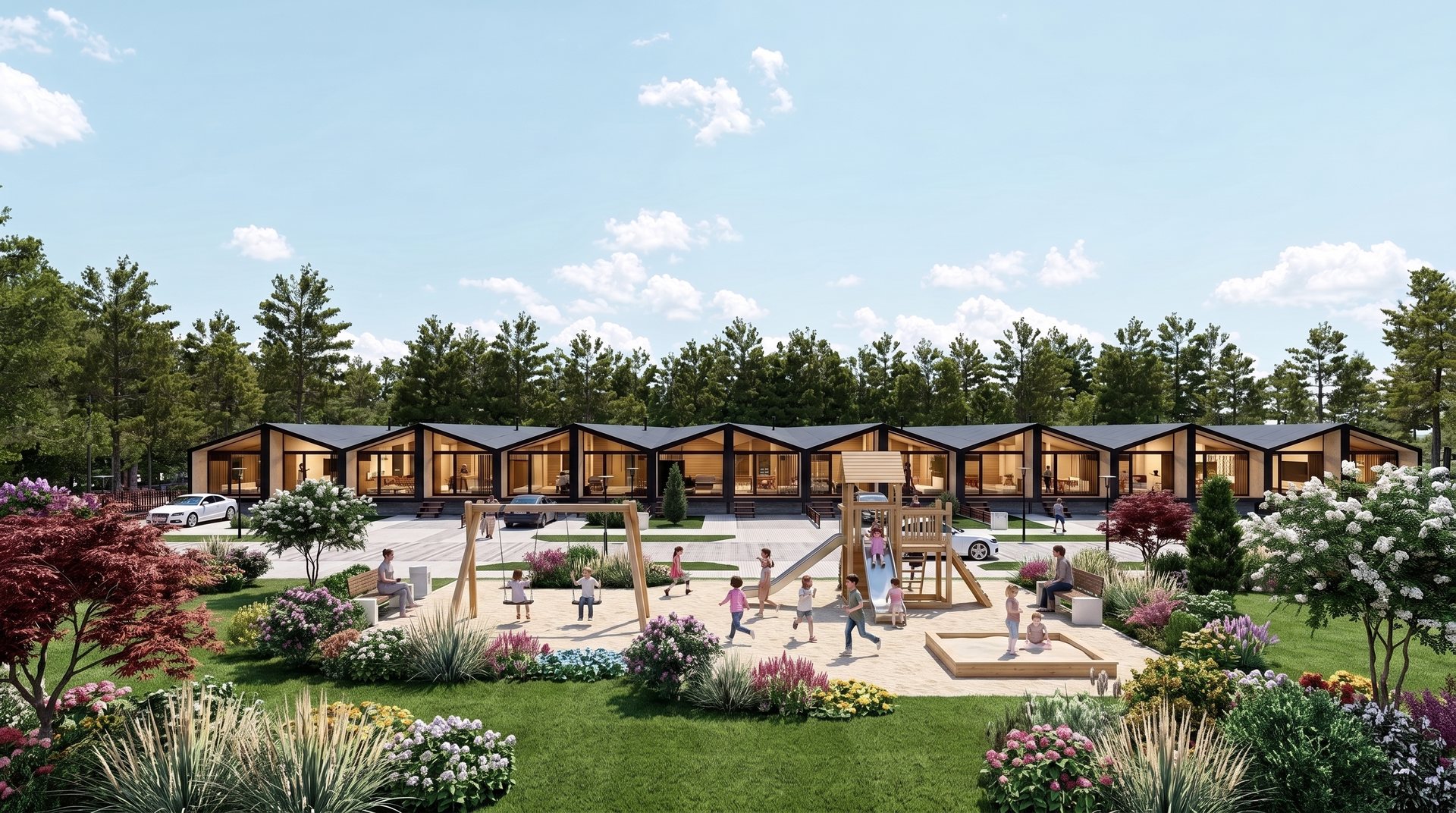 TOO House — parque infantil junto às casas, em bosque