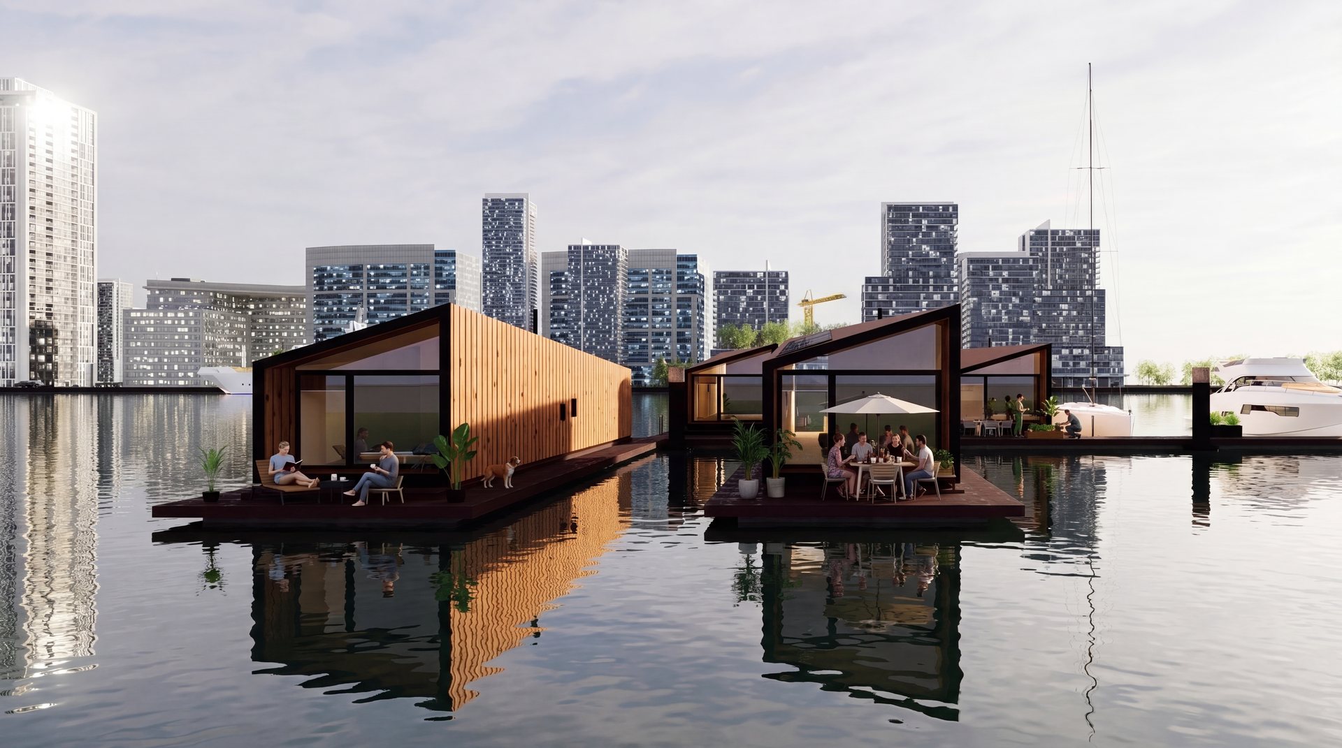 TOO House — casas flutuantes na marina, com vista para a cidade