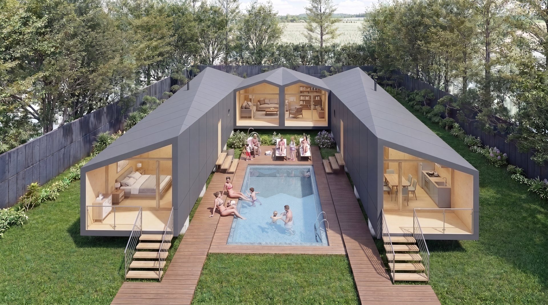 TOO House Urban — piscina entre os volumes em borboleta, família a desfrutar do jardim