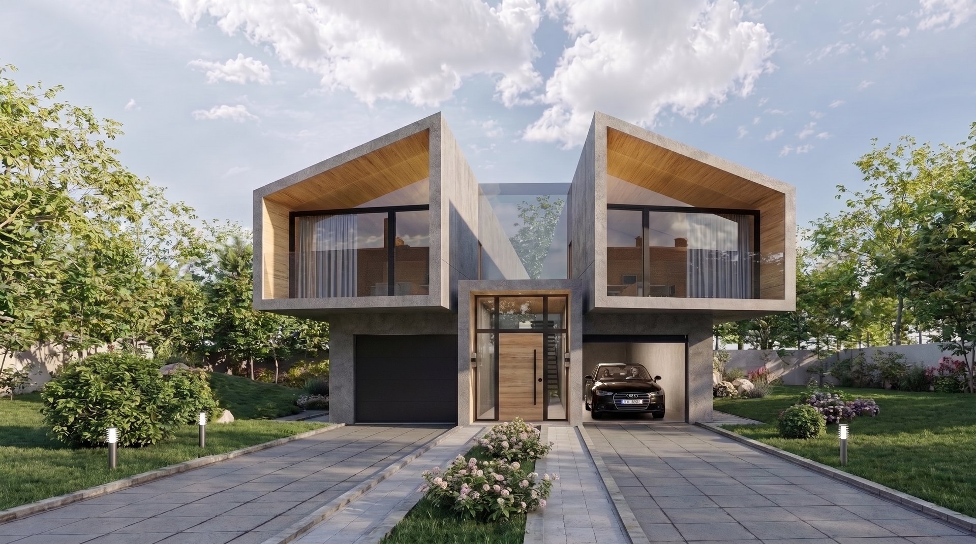 TOO House Urban — alçado frontal simétrico com garagem dupla