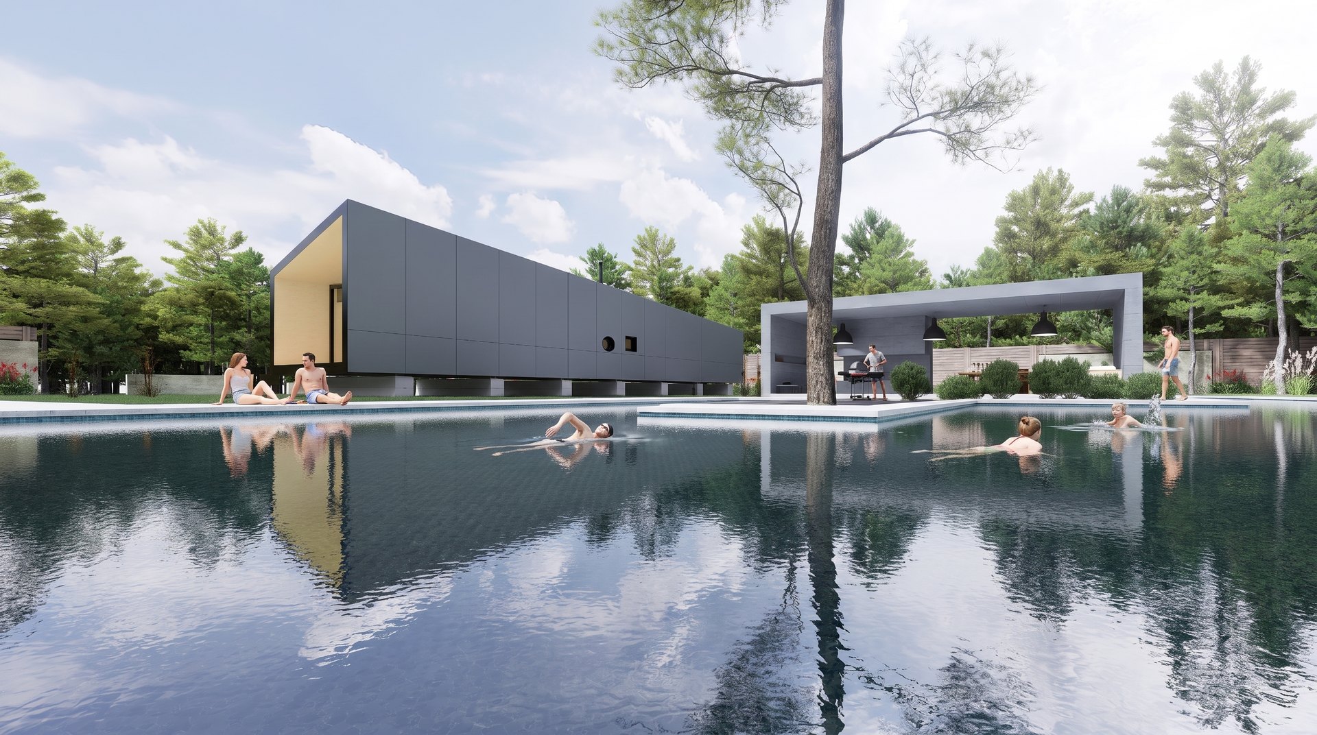 TOO House Urban — volume suspenso sobre a piscina, com alpendre de refeições